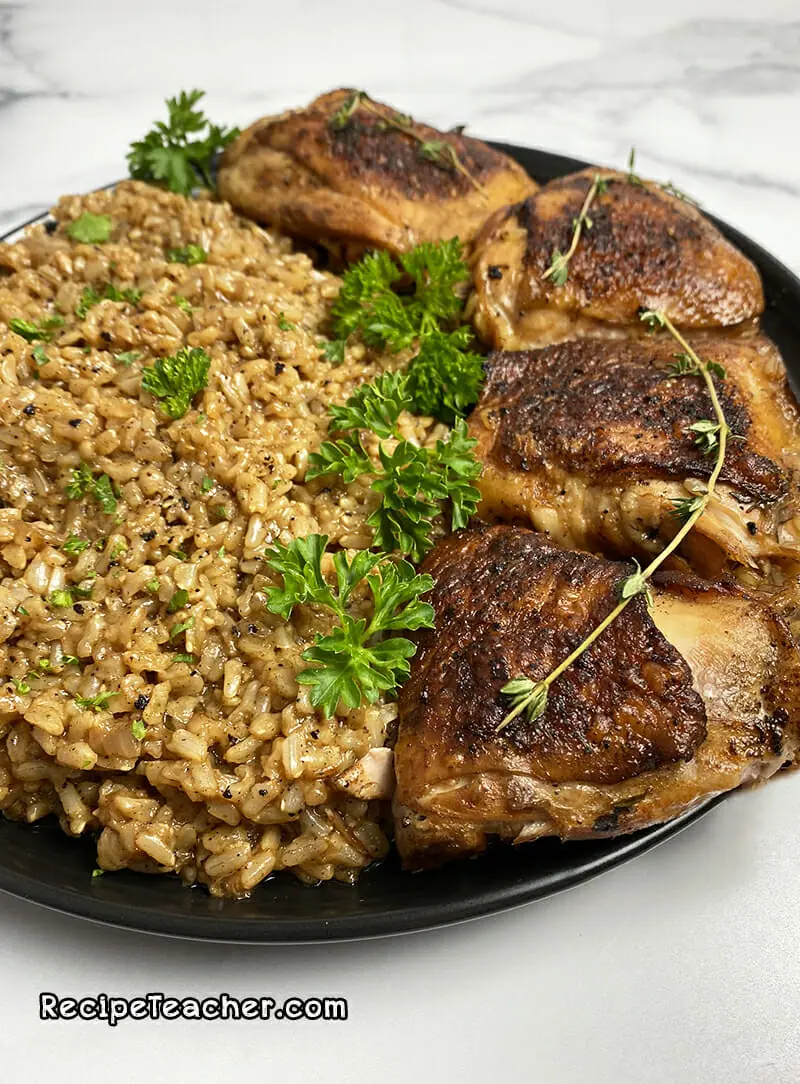 Recipe for Instant Pot chicken thighs and brown rice.