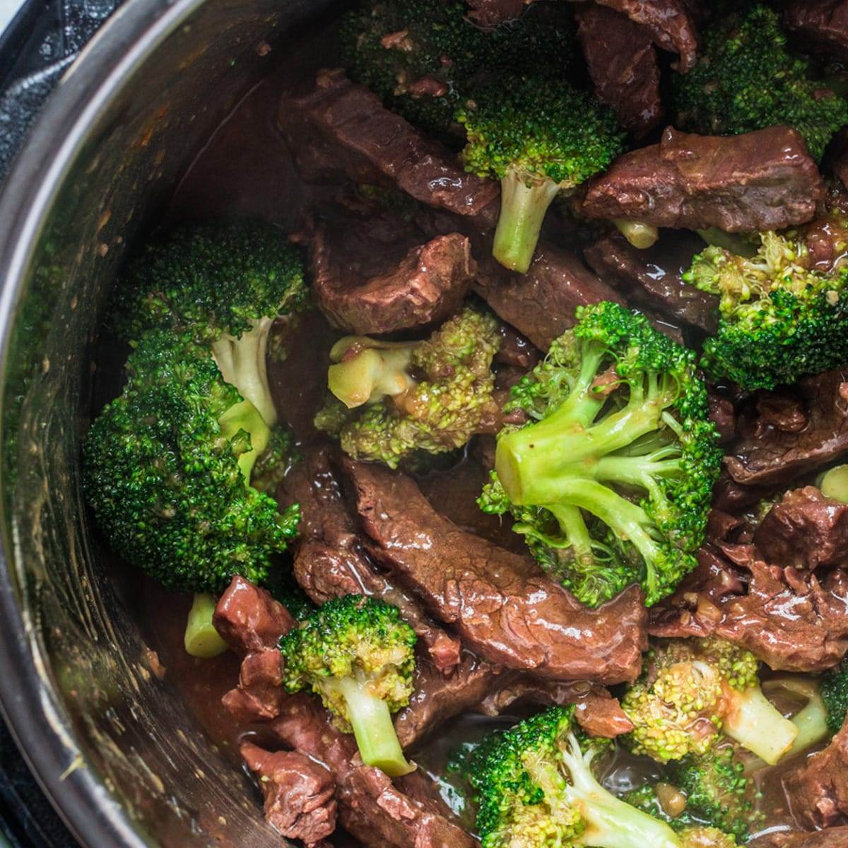 Beef and broccoli cooked in an Instant Pot.
