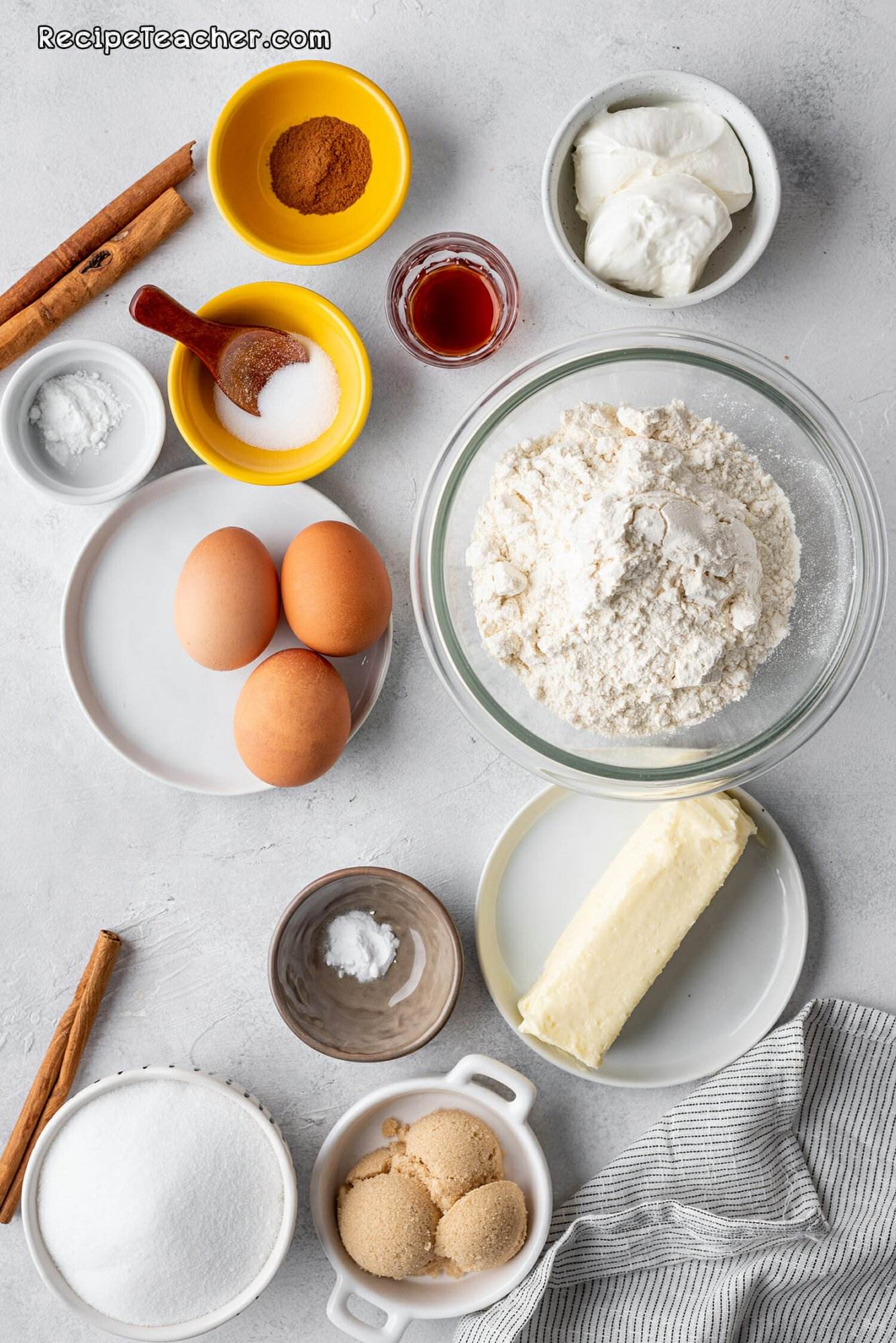 All the ingredients for cinnamon swirl loaf recipe.