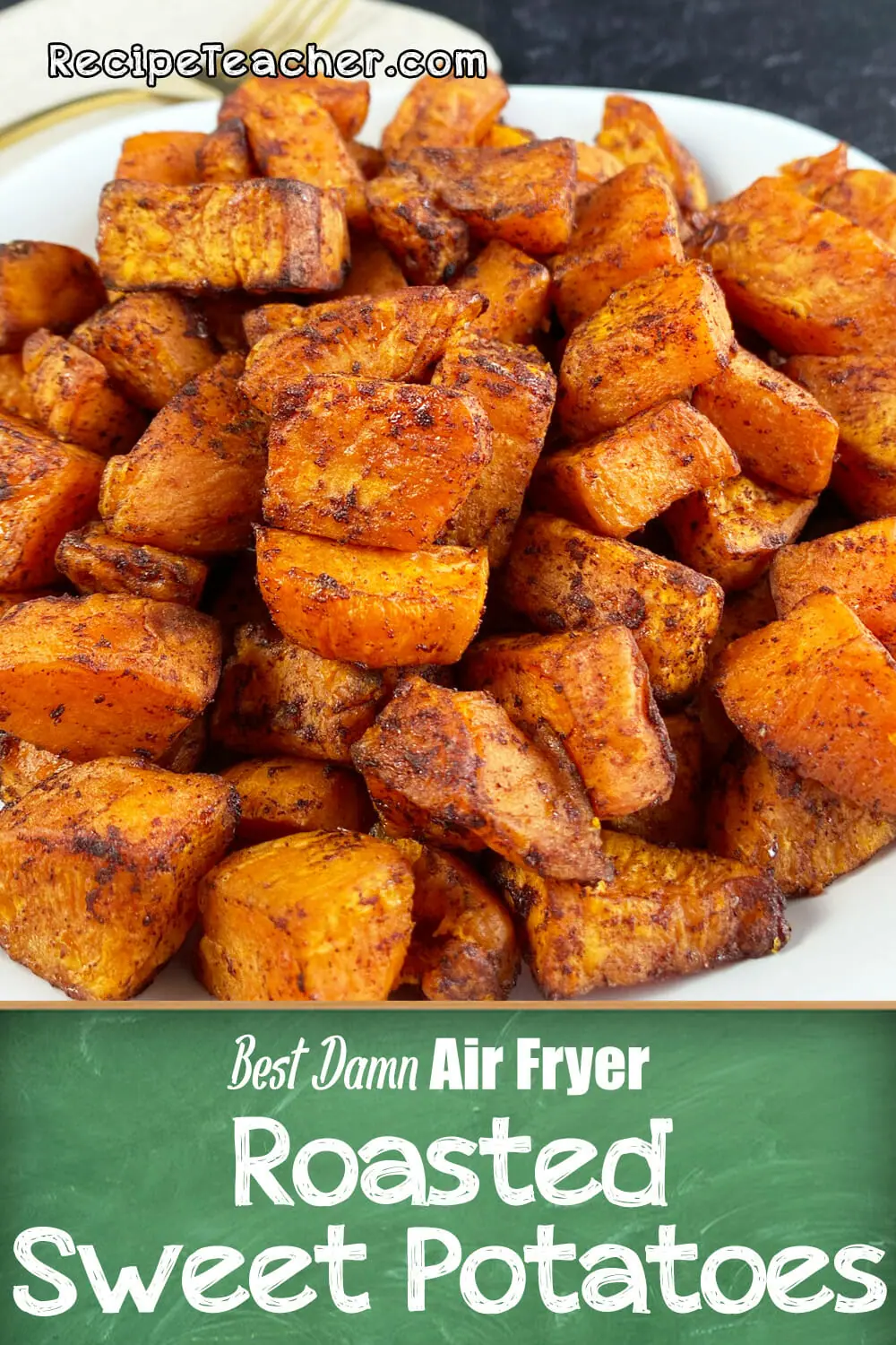 Recipe for roasted air fryer sweet potatoes.