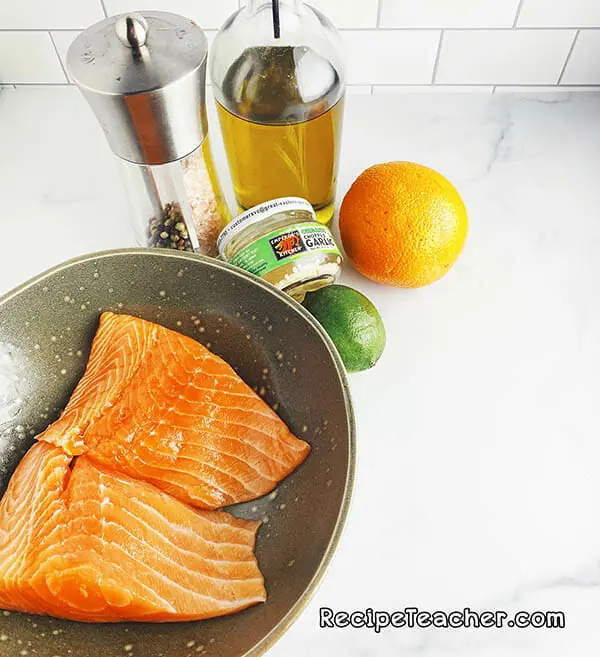 Ingredients for air fryer citrus garlic salmon.
