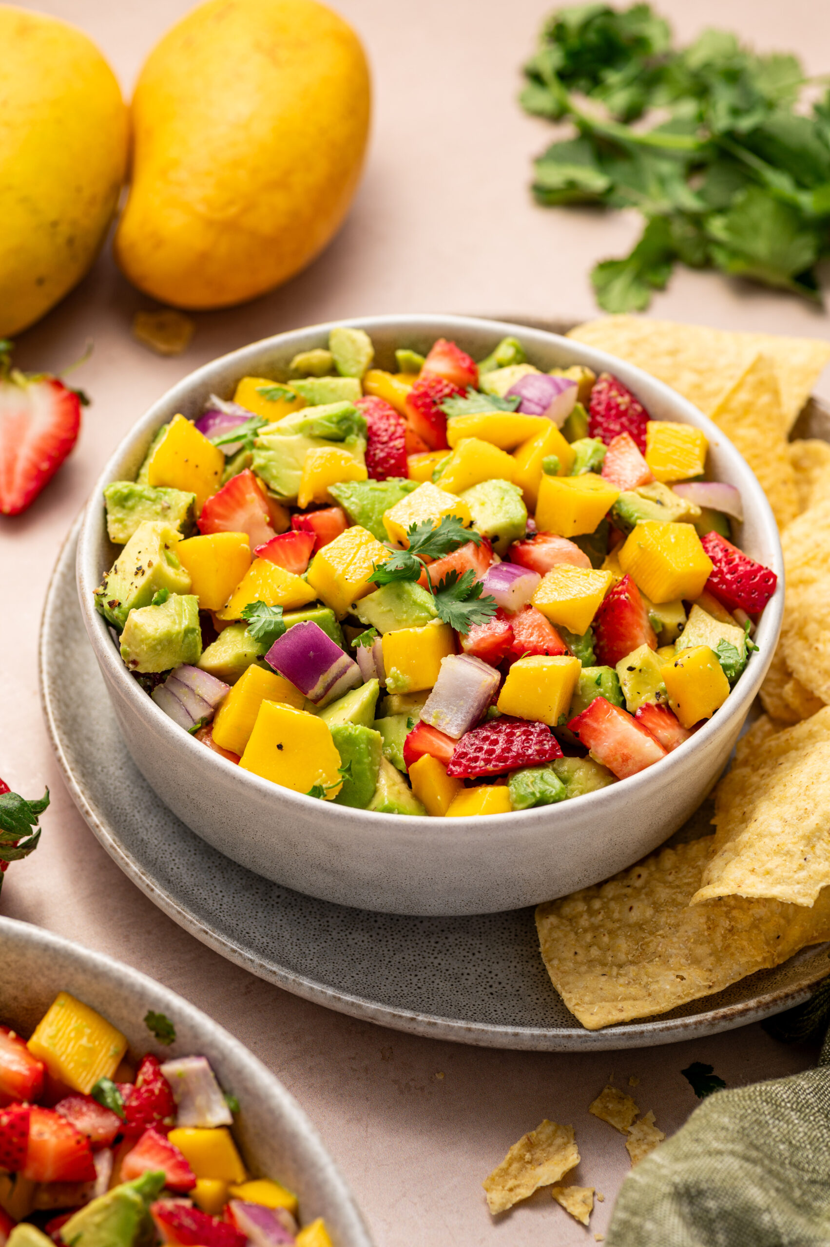 A colorful bowl of chunky mango salsa.
