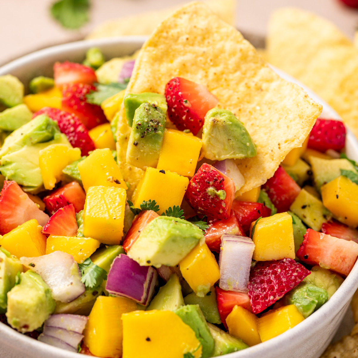 A tortilla chip dipped into chunky mango salsa.