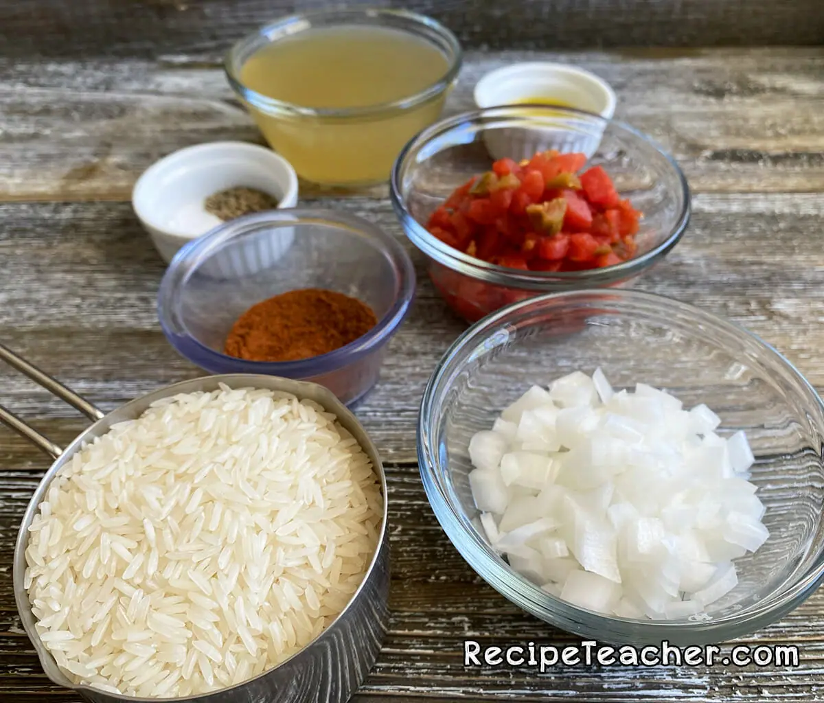 All the ingredients for Instant Pot Spanish rice.