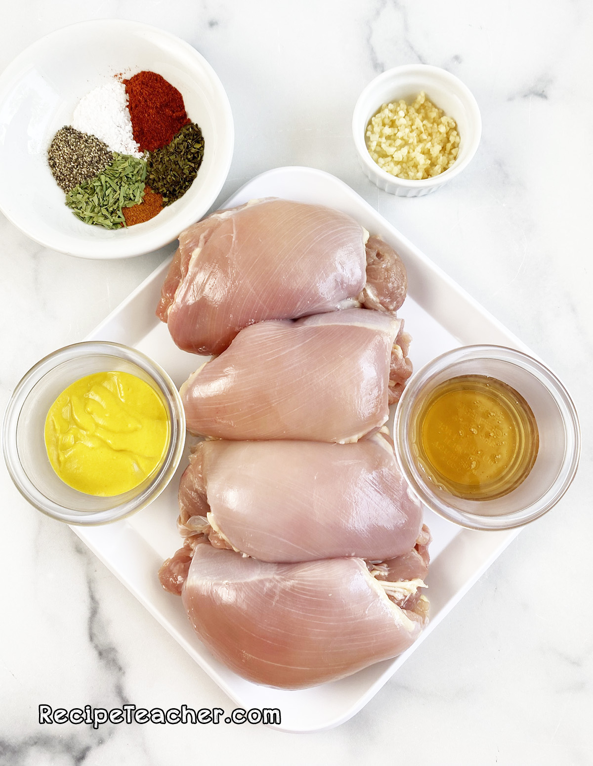 Ingredients for air fryer boneless, skinless chicken thighs recipe.