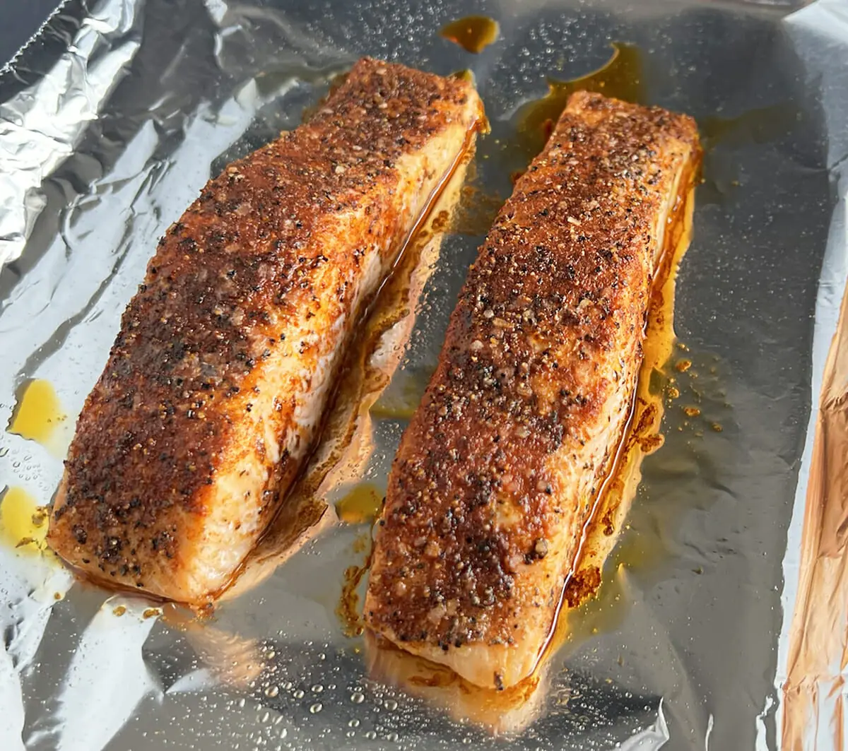 Seasoned, oven baked salmon filets.