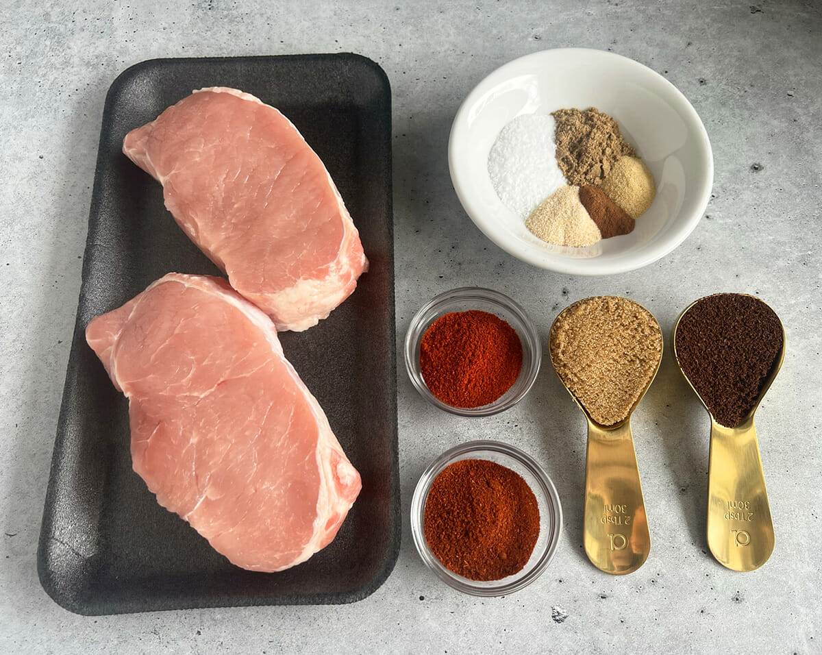 All the ingredients for air fryer coffee crusted pork chops