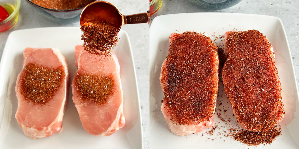 Seasoning pork chops with a coffee seasoning rub to be cooked in an air fryer