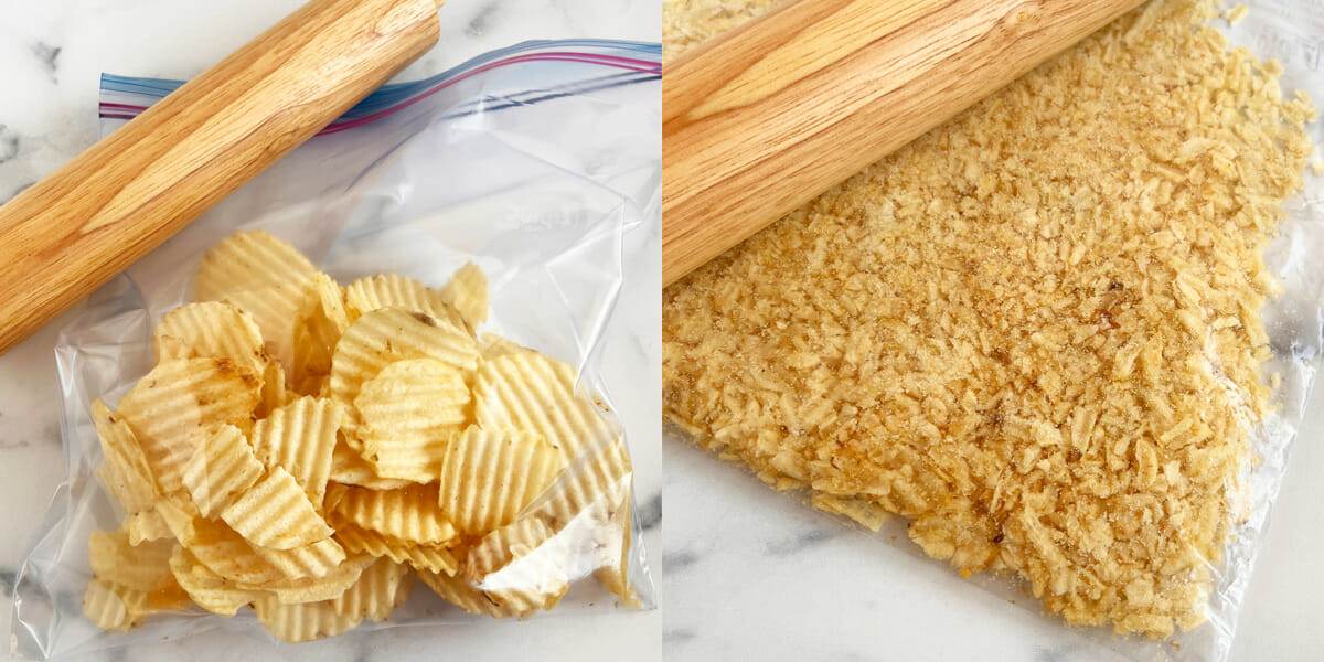 Crushing potato chips to make our crusted pork loin roast.