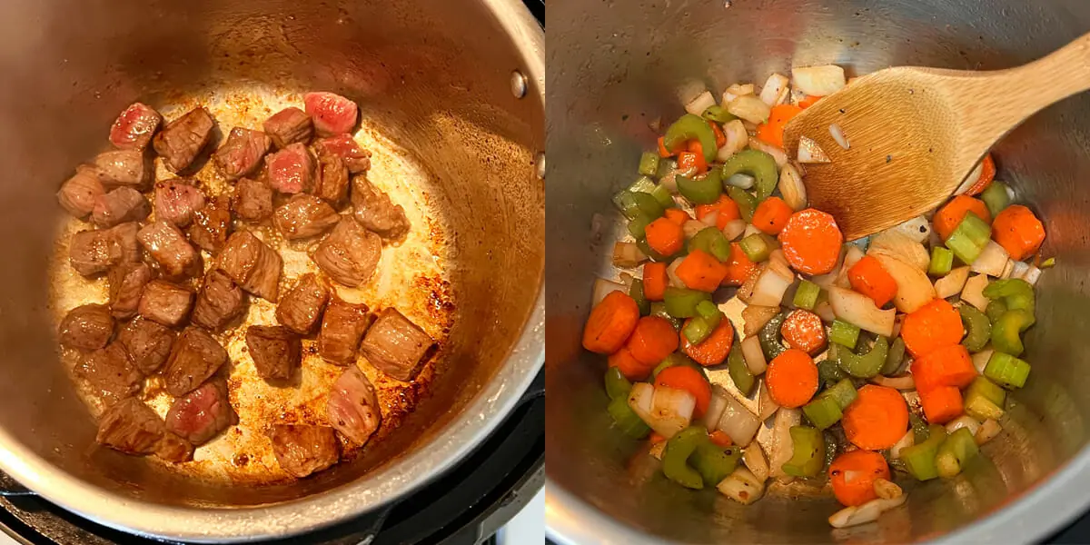 Sautéing beef and vegetables to make Instant Pot beef and barley soup.