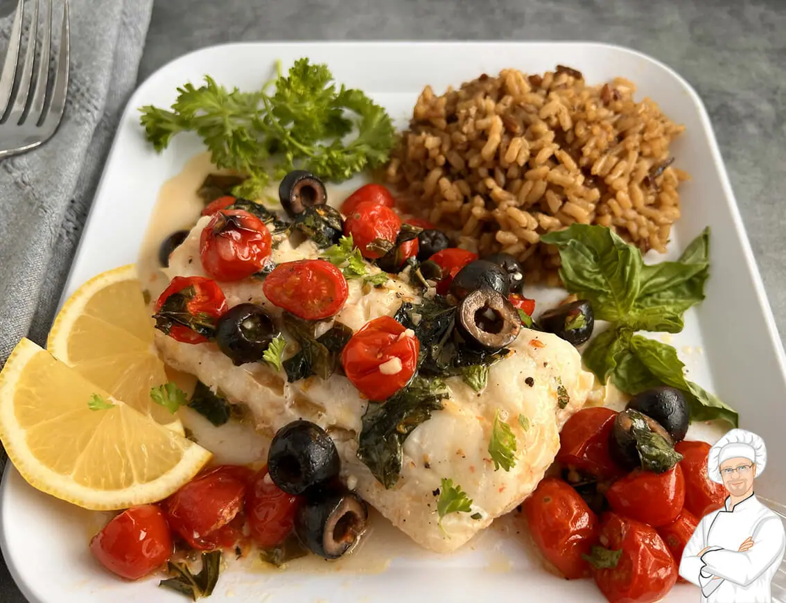 Fresh and delicious oven baked Mediterranean cod.