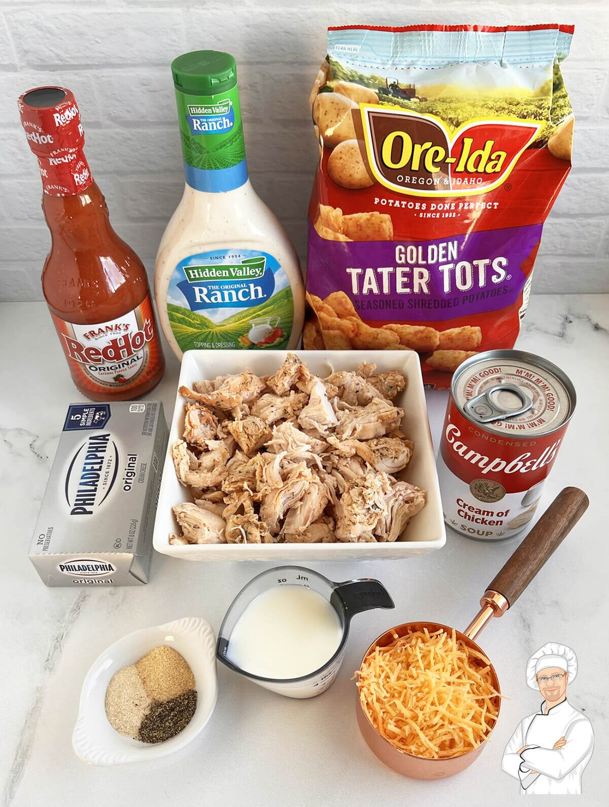 Recipe for buffalo chicken tater tot casserole.