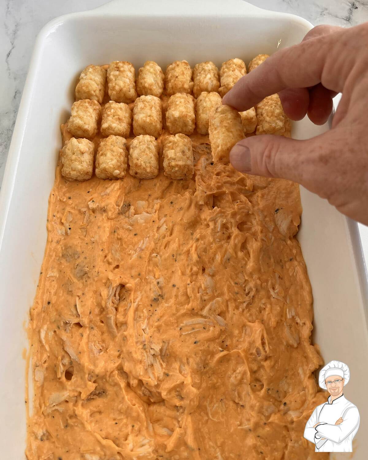 Recipe for buffalo chicken tater tot casserole.