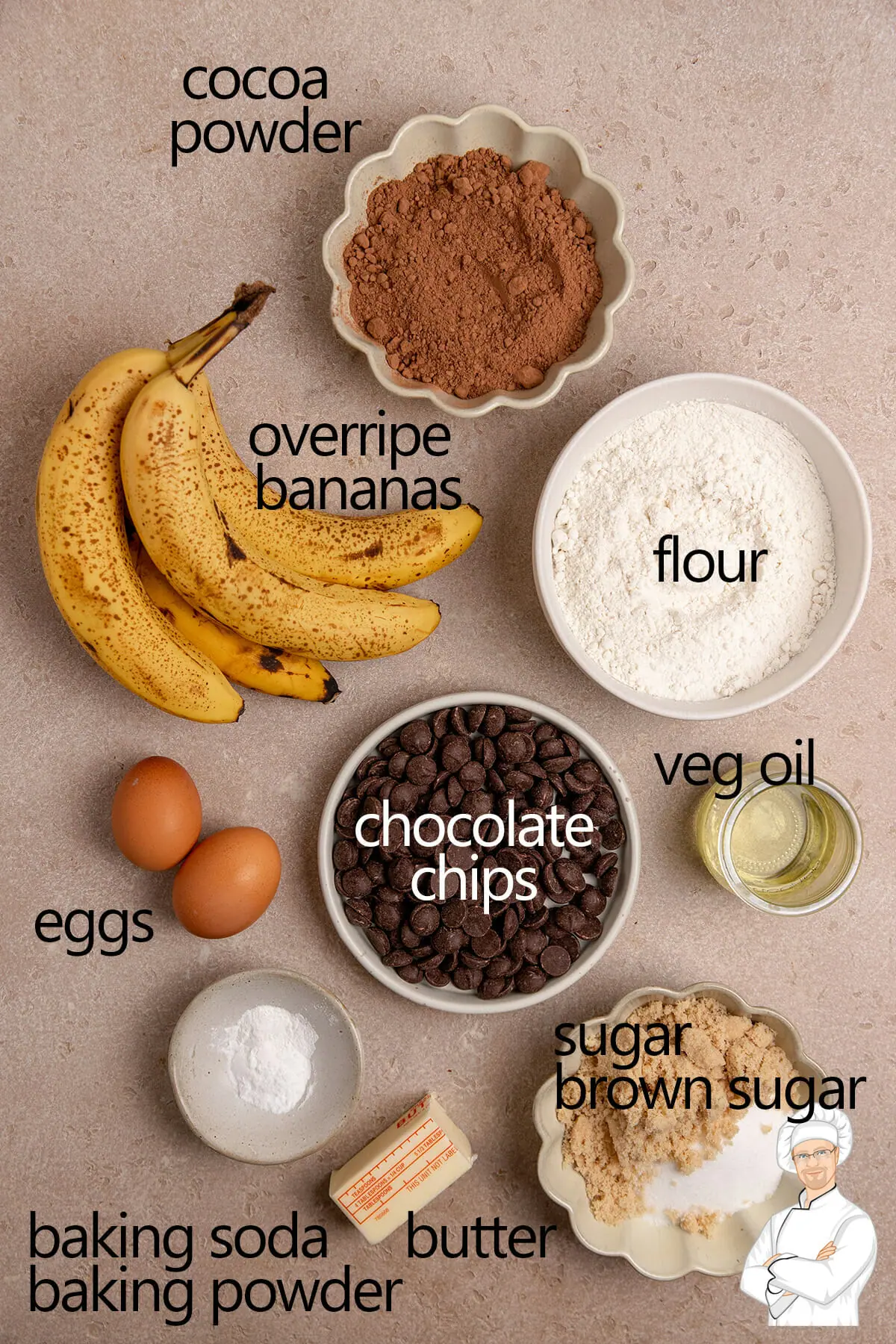 All the ingredients for chocolate banana bread