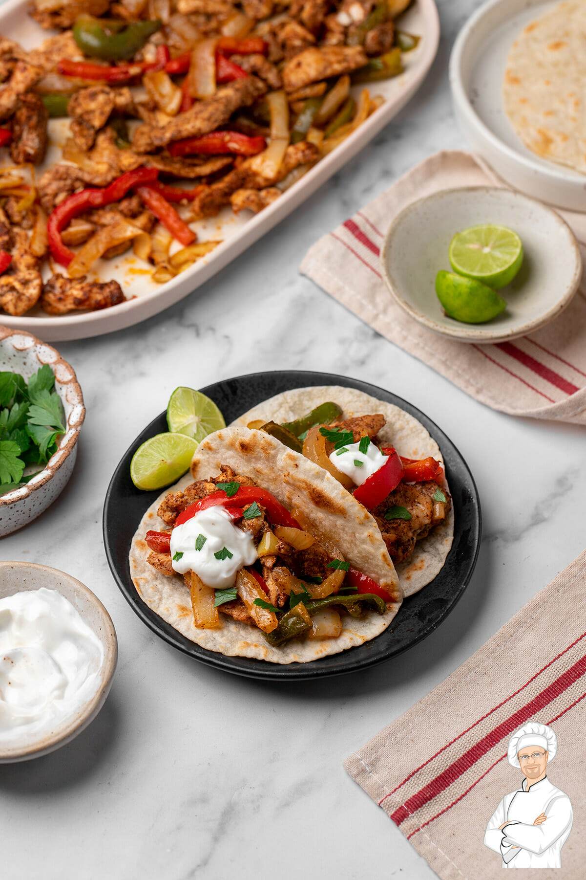 Recipe for sheet pan chicken fajitas.