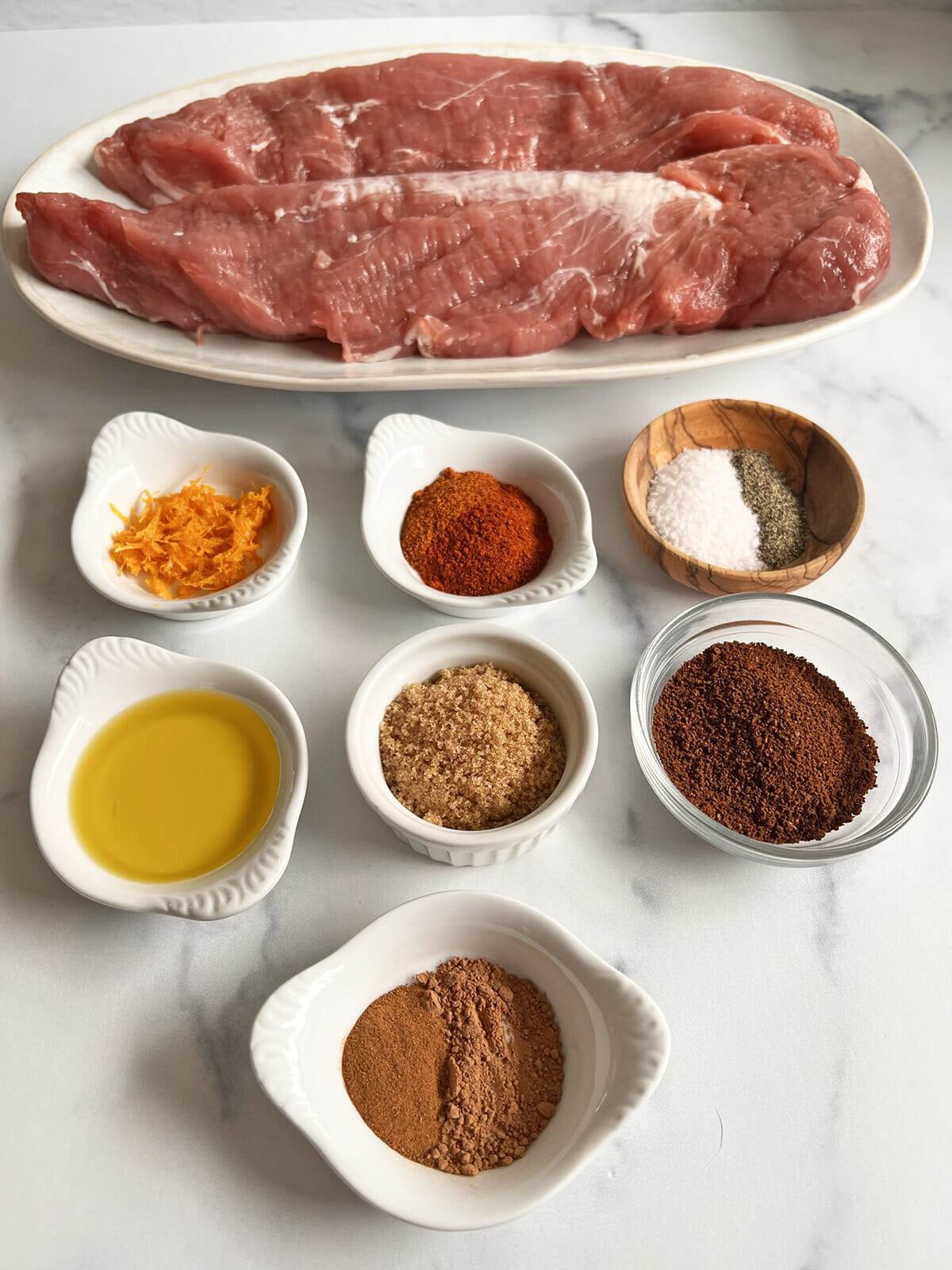 All the ingredients to make air fryer coffee citrus pork tenderloin.