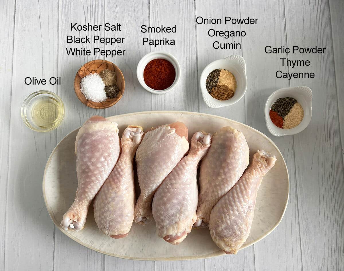 All the ingredients to make air fryer blackened chicken drumsticks