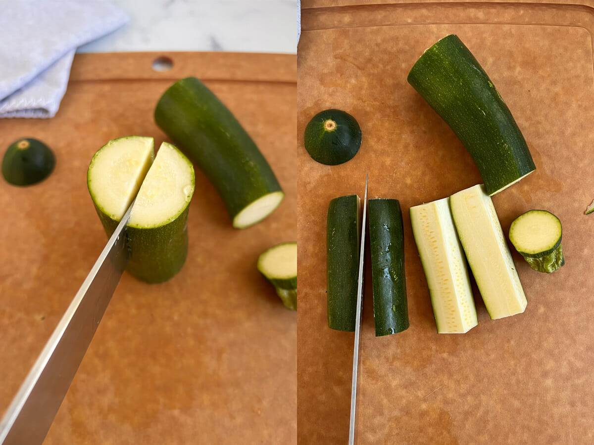 Slicing a zucchini squash into spears for an air fryer recipe.