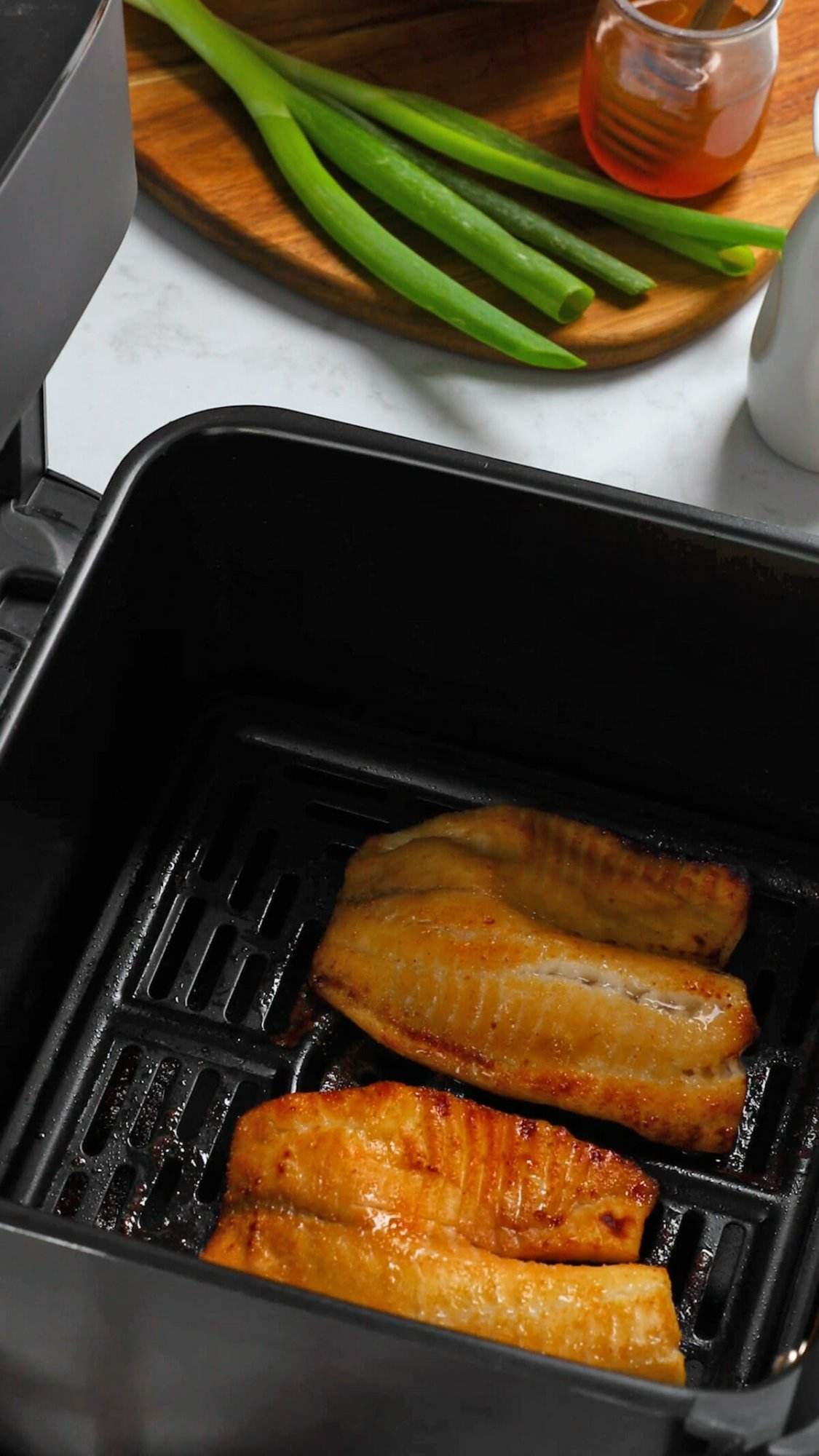 Air fryer tilapia with teriyaki glaze.