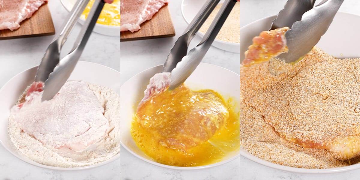 Breading steps for making homemade pork schnitzel.