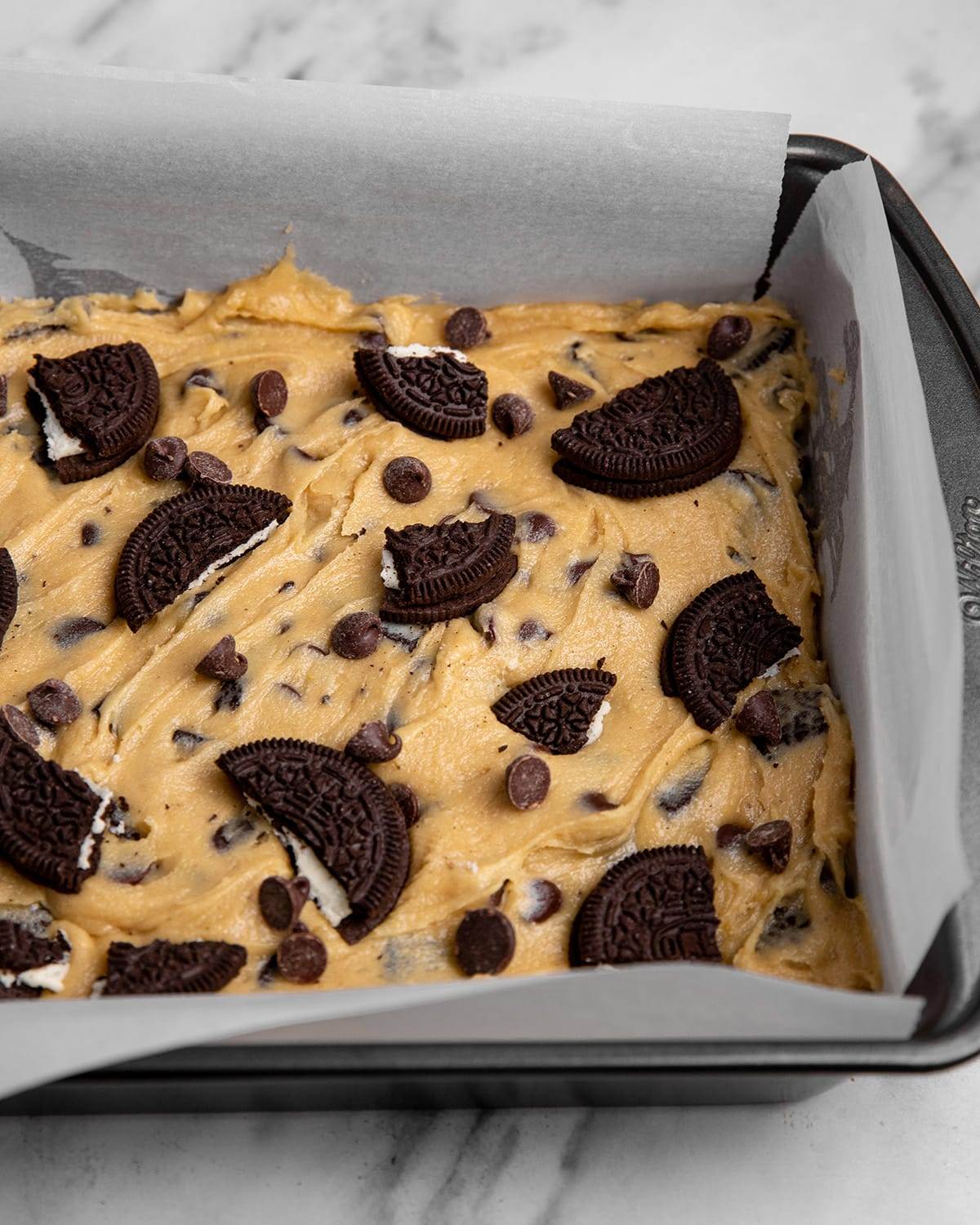 The batter for Oreo blondies is ready to go into the oven.