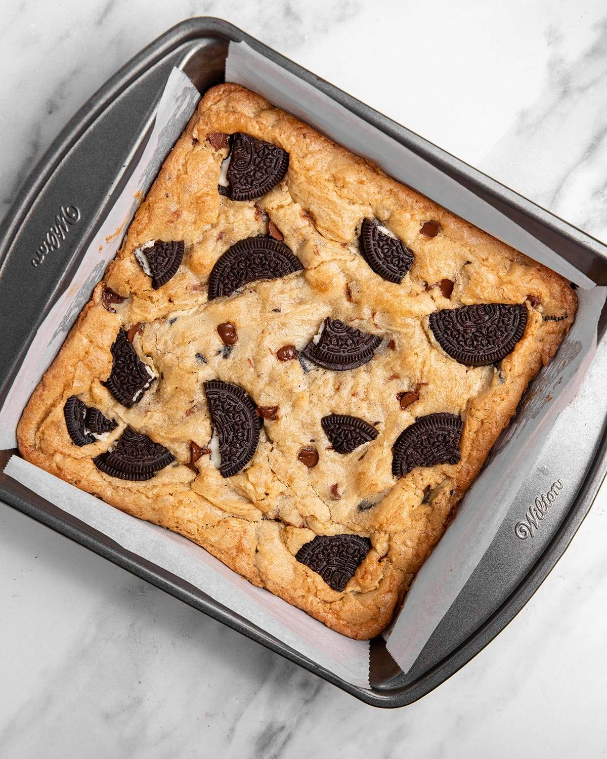 Oreo blondies coming out of the oven.