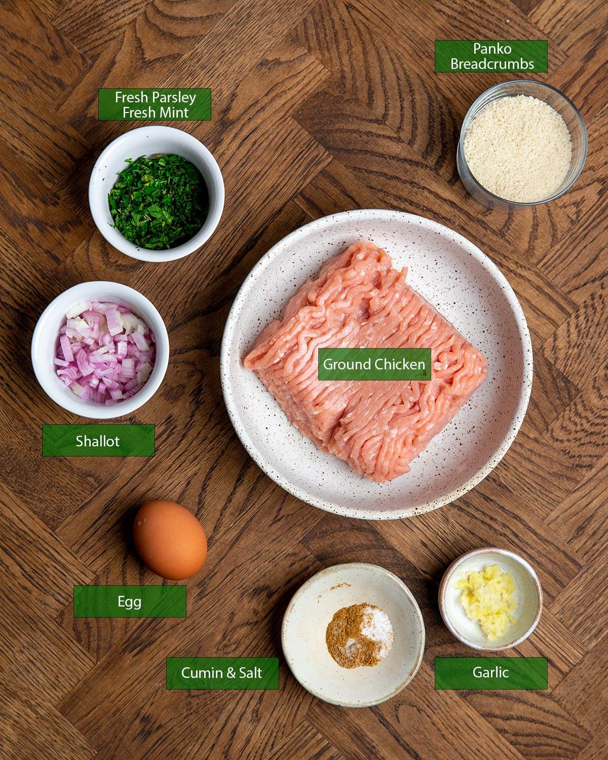 All the ingredients needed to make air fryer Greek chicken meatballs.