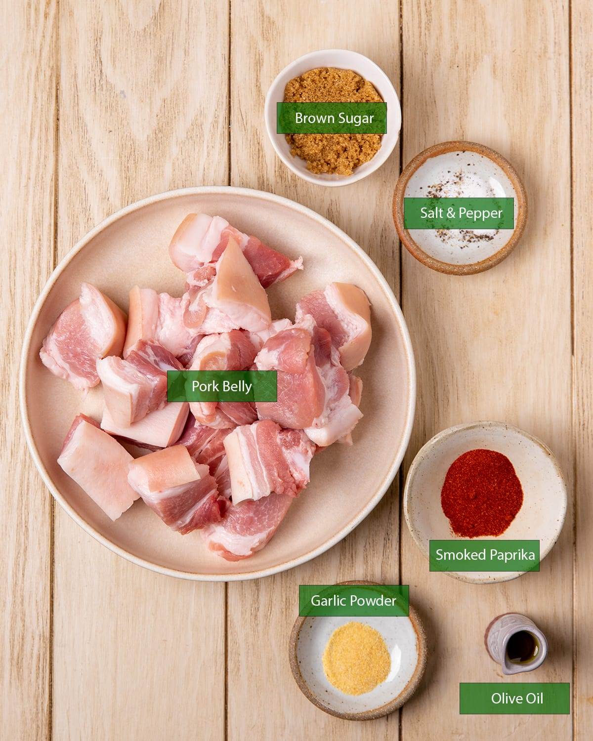All the ingredients needed to make air fryer pork belly bites.