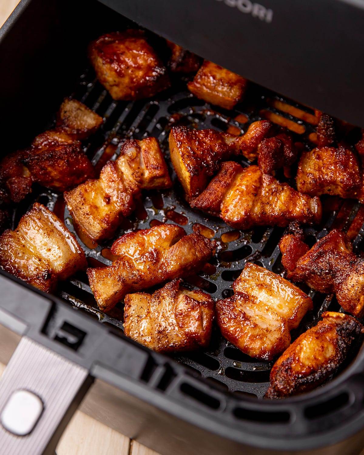 Perfectly cook air fryer pork belly bites.