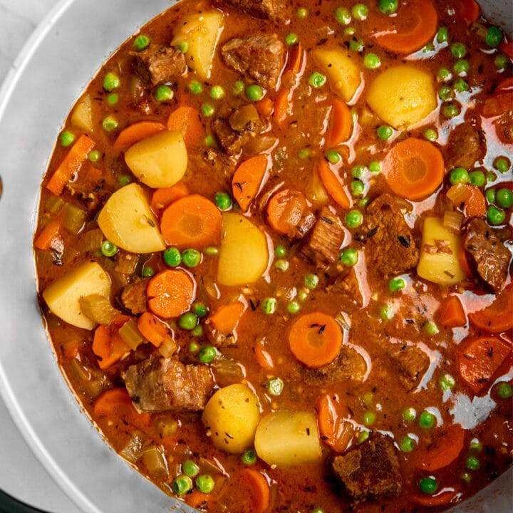 A pot of homemade beef stew.