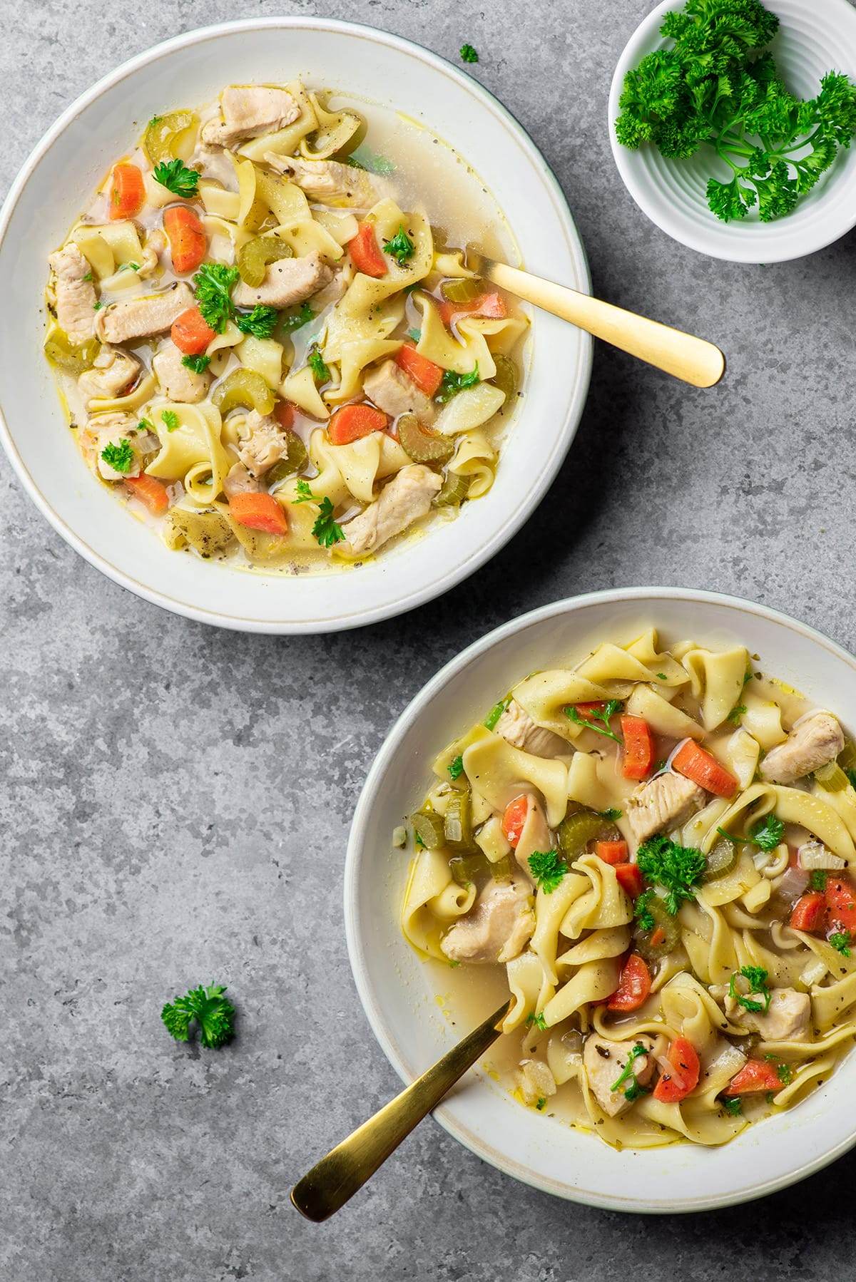 2 bowls of homemade Instant Pot chicken noodle soup
