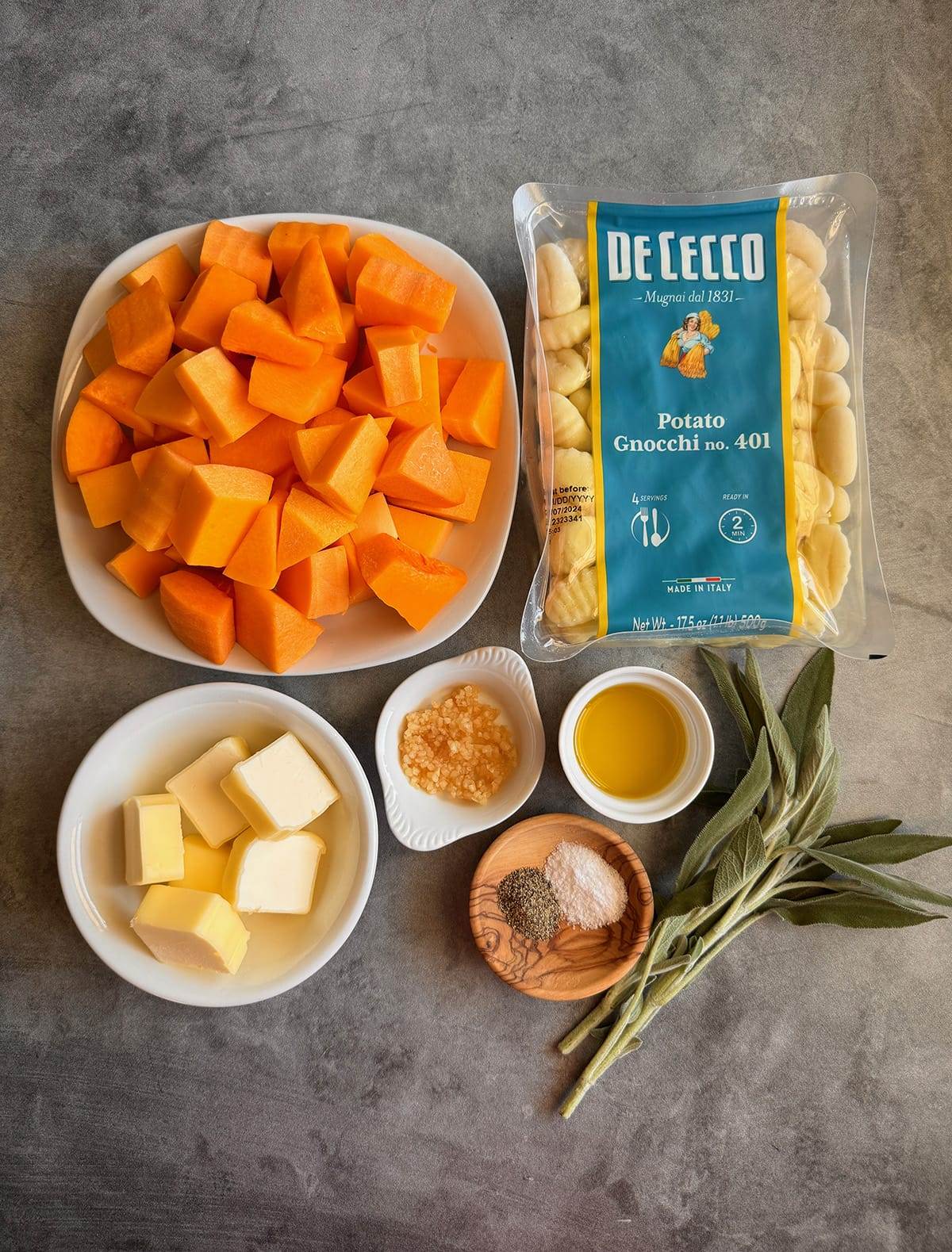 All the ingredients for making a delicious gnocchi dinner.