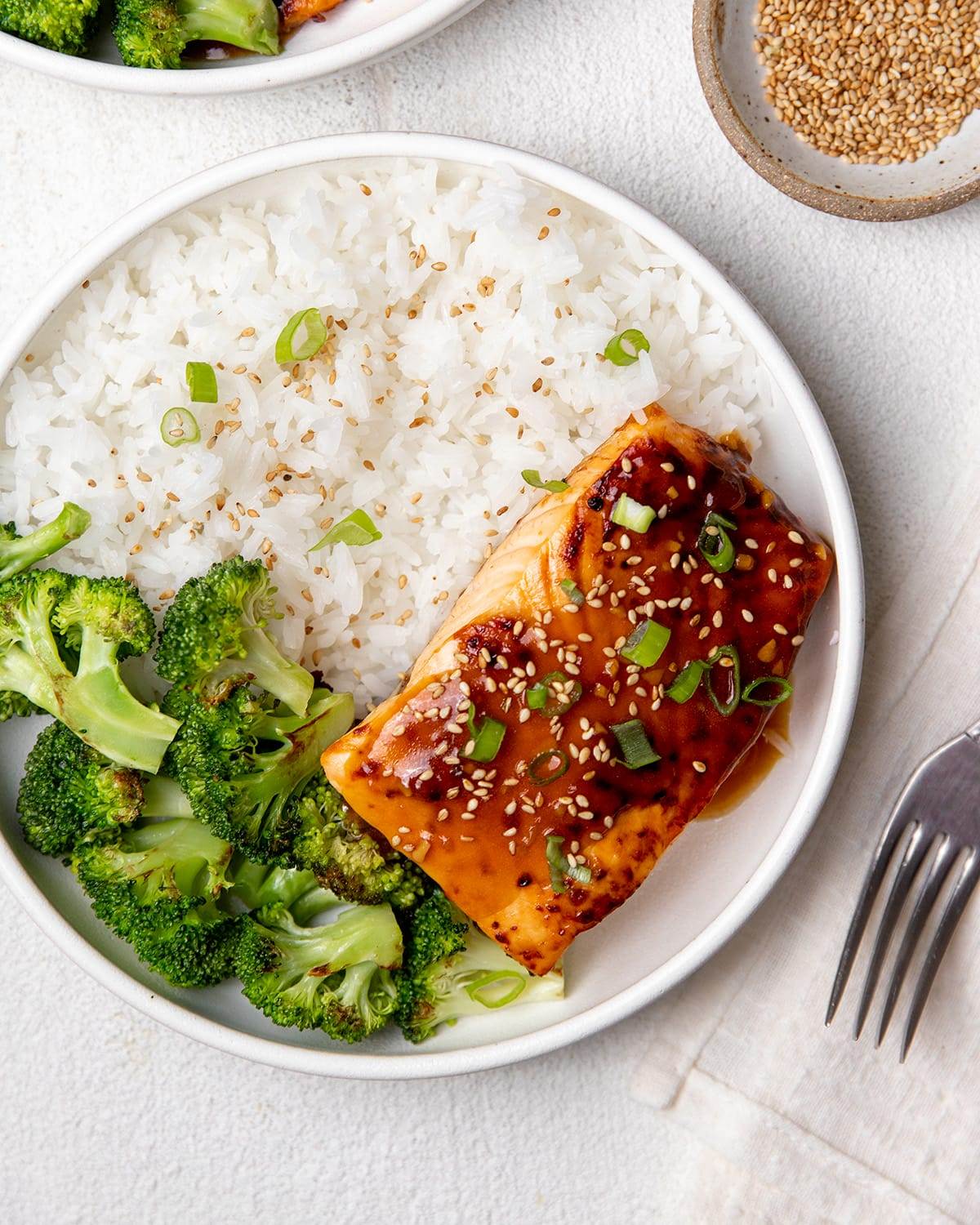 Air fryer teriyaki salmon served with rice and broccoli