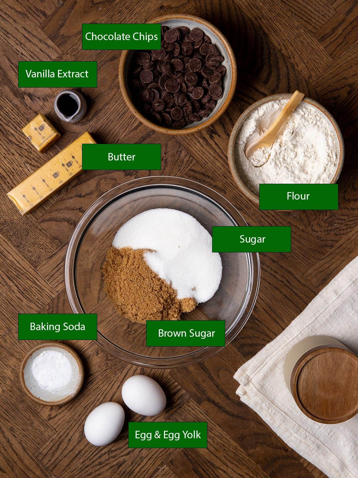 All the ingredients needed to make a giant chocolate chip skillet cookie.