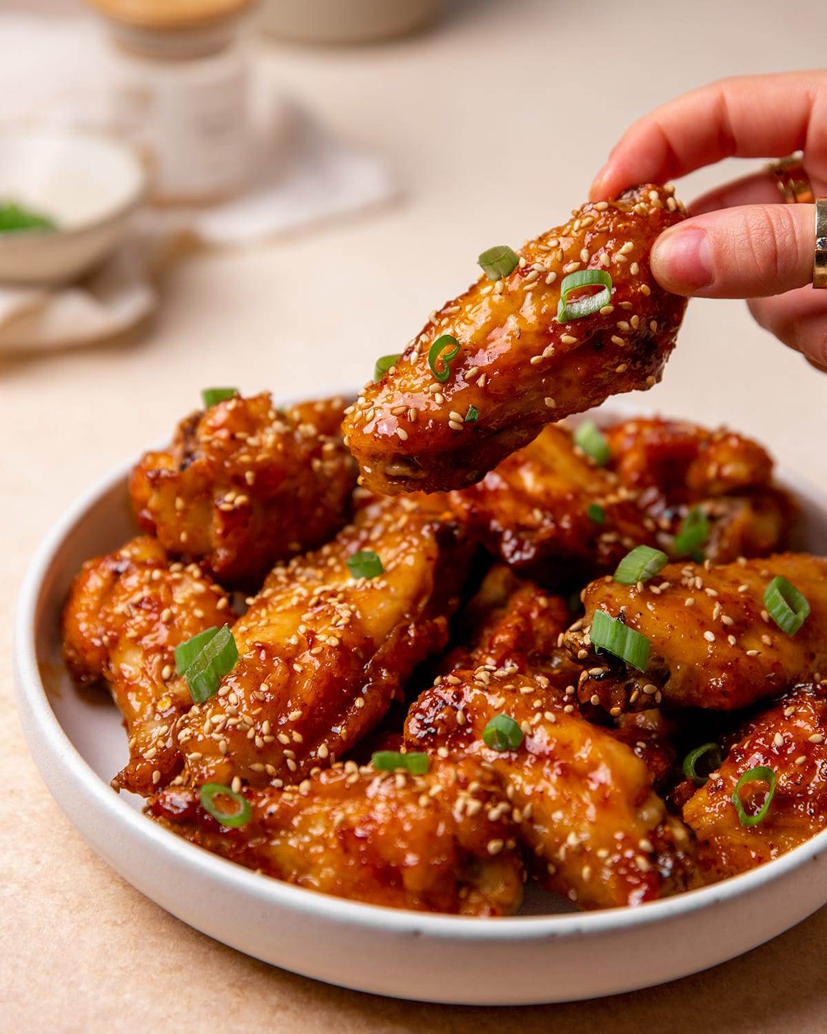 Honey garlic chicken wings made in an air fryer.