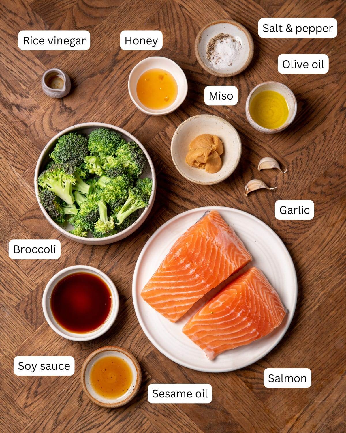 All the ingredients needed to make sheet pan miso salmon and broccoli.