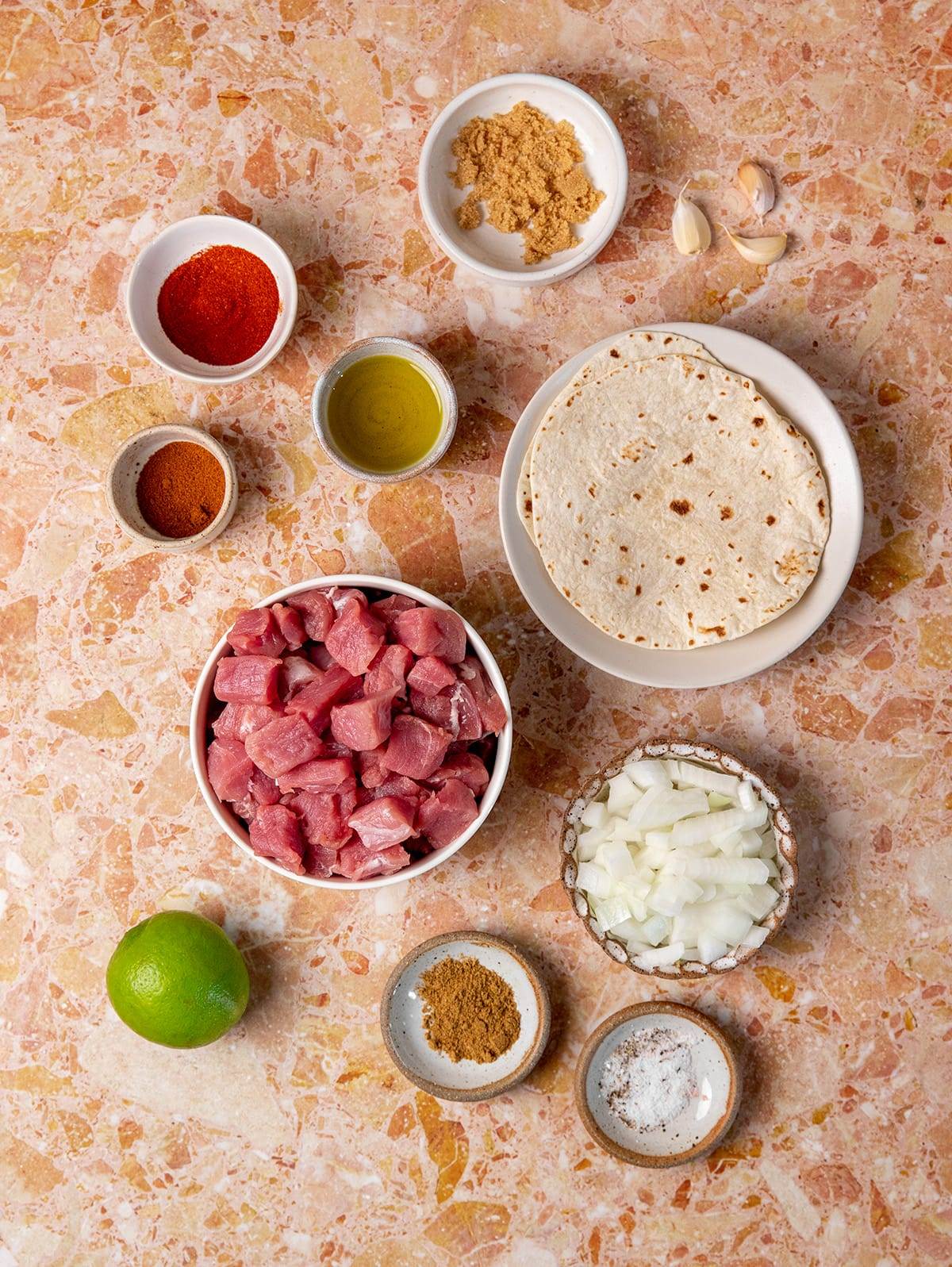 All the ingredients needed to make pork tacos!