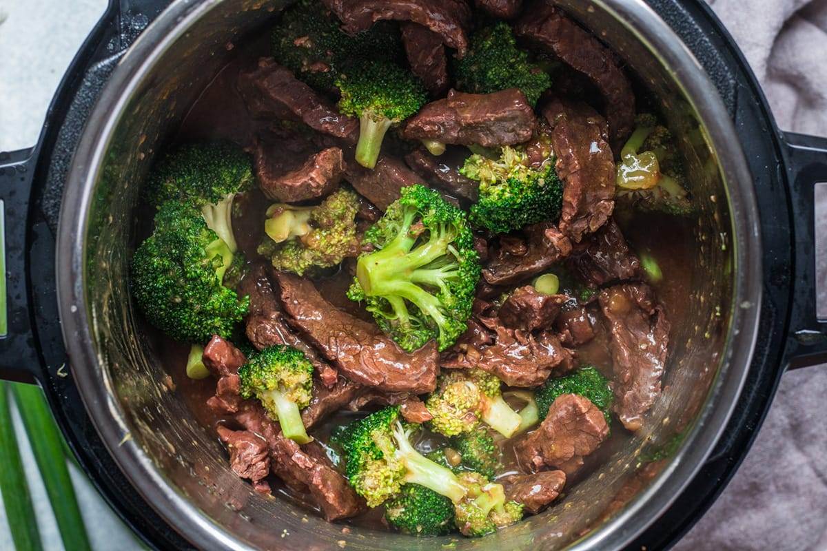 Beef and broccoli in an Instant Pot pressure cooker.