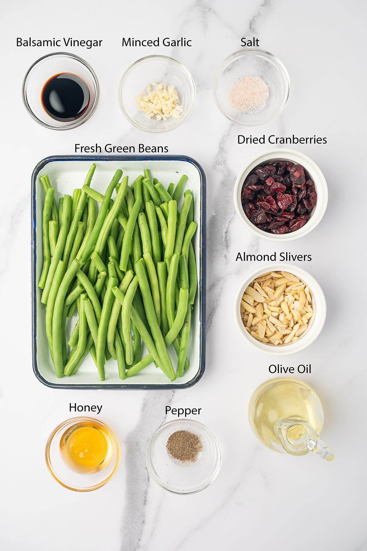 All the ingredients to make oven baked green beans with honey balsamic