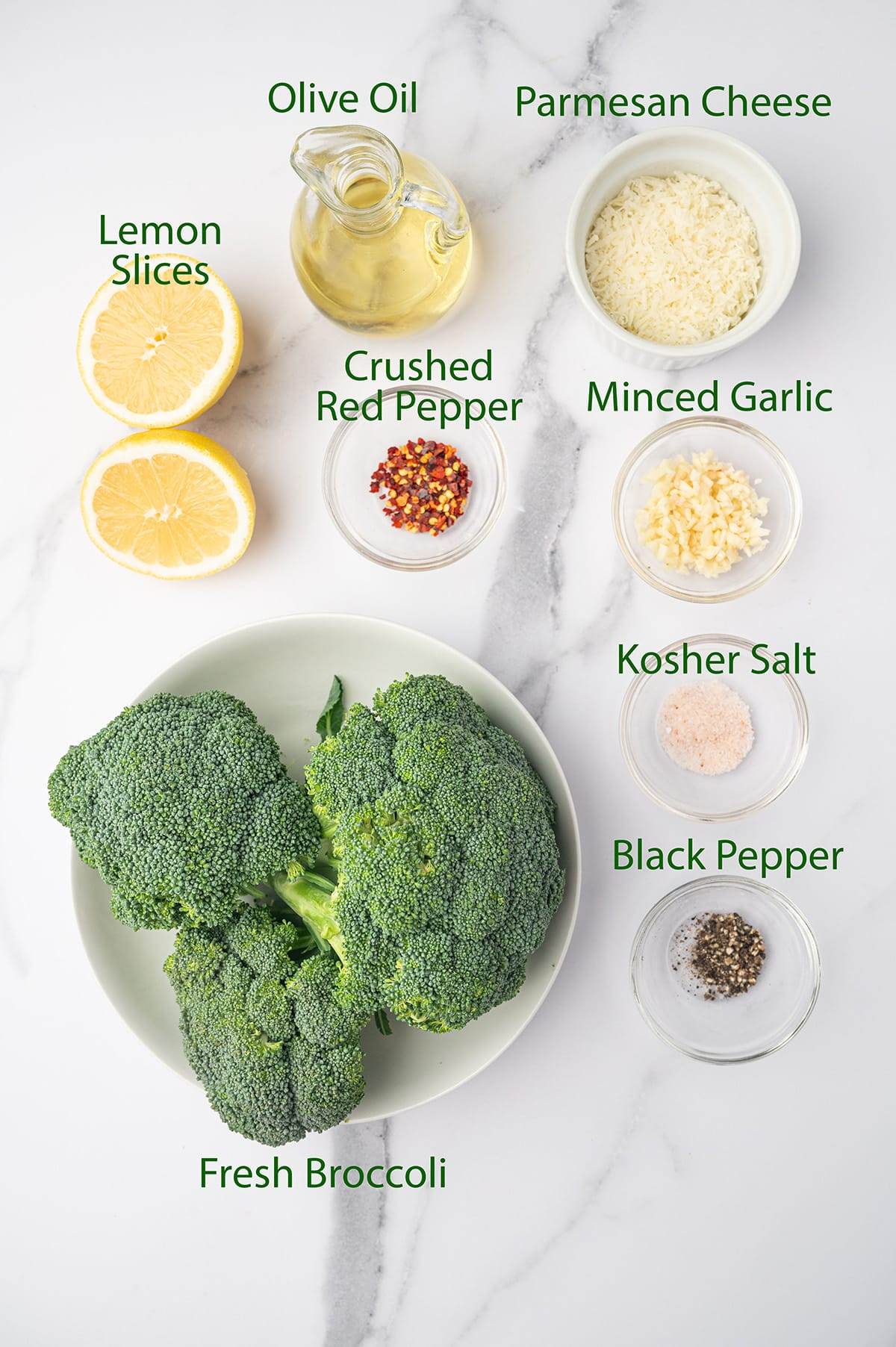 All the ingredients needed to make garlic Parmesan oven roasted broccoli.