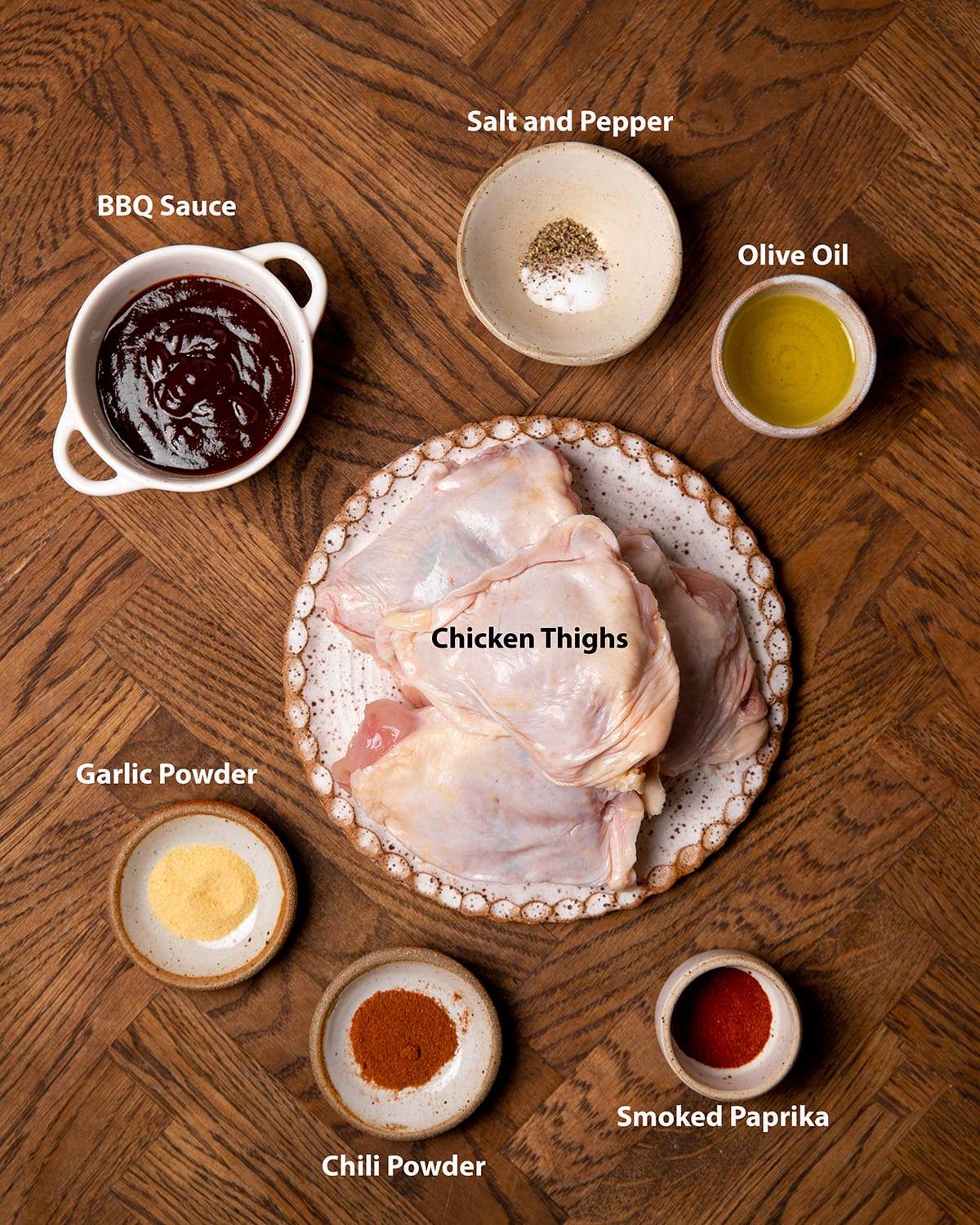 All the ingredients needed to make oven roasted BBQ chicken thighs