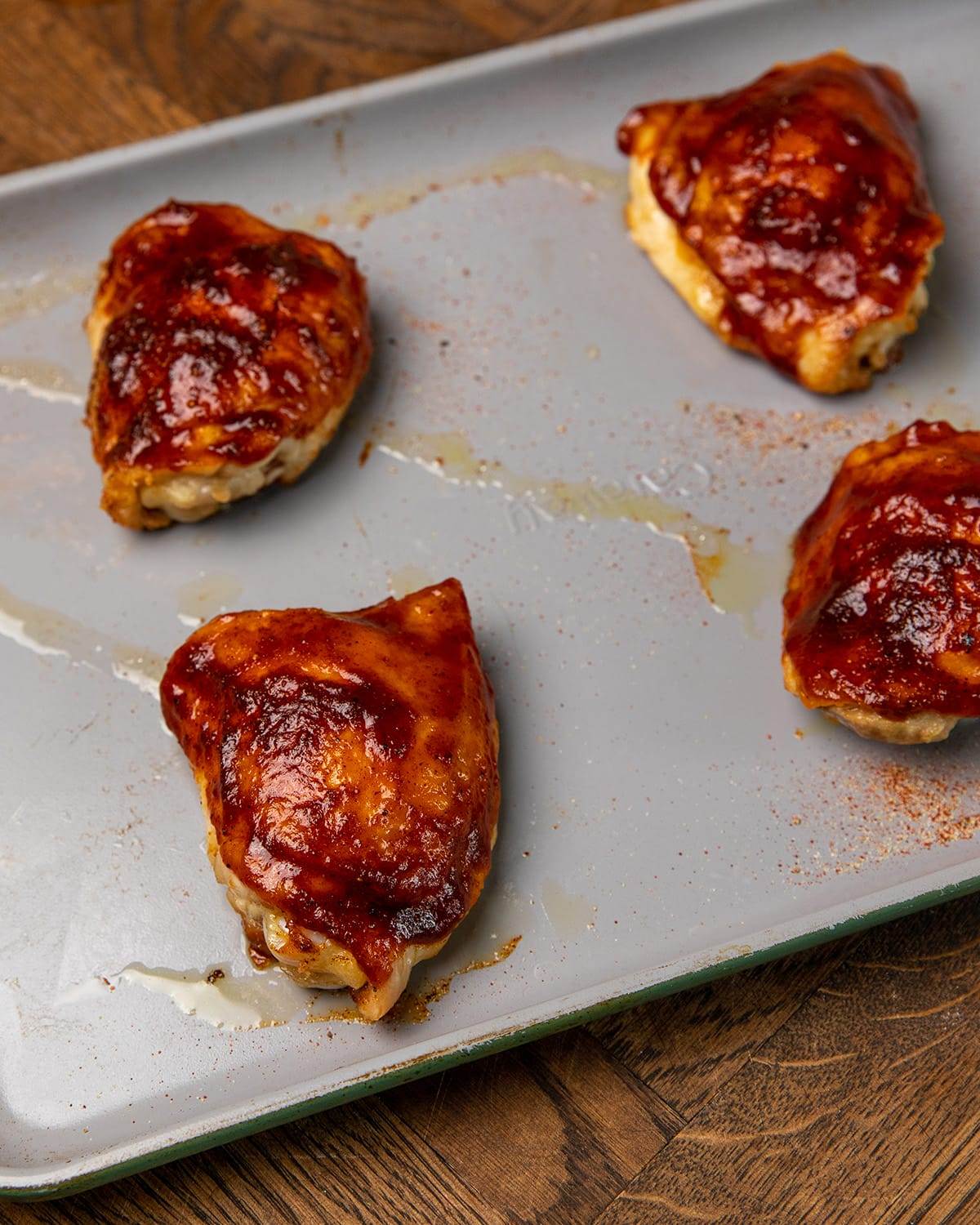 Oven roasted BBQ chicken thighs.