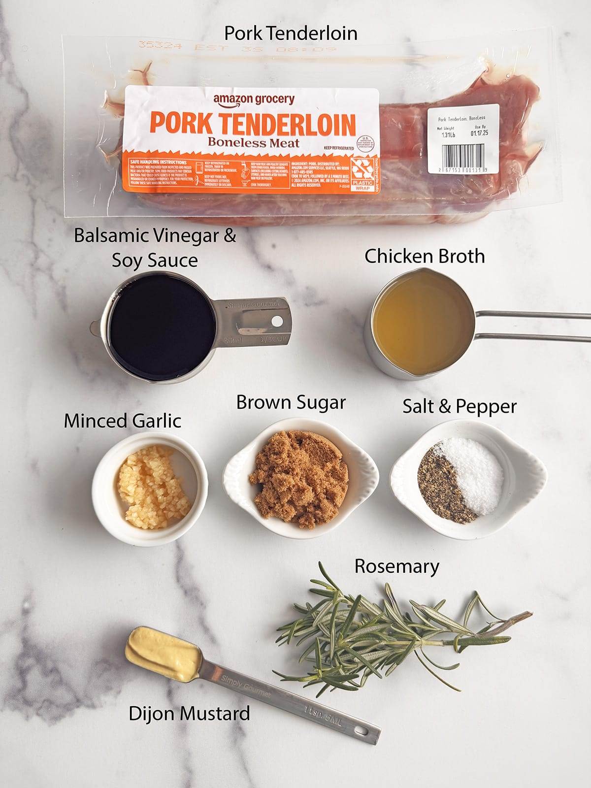 All the ingredients needed to make stovetop balsamic pork tenderloin.