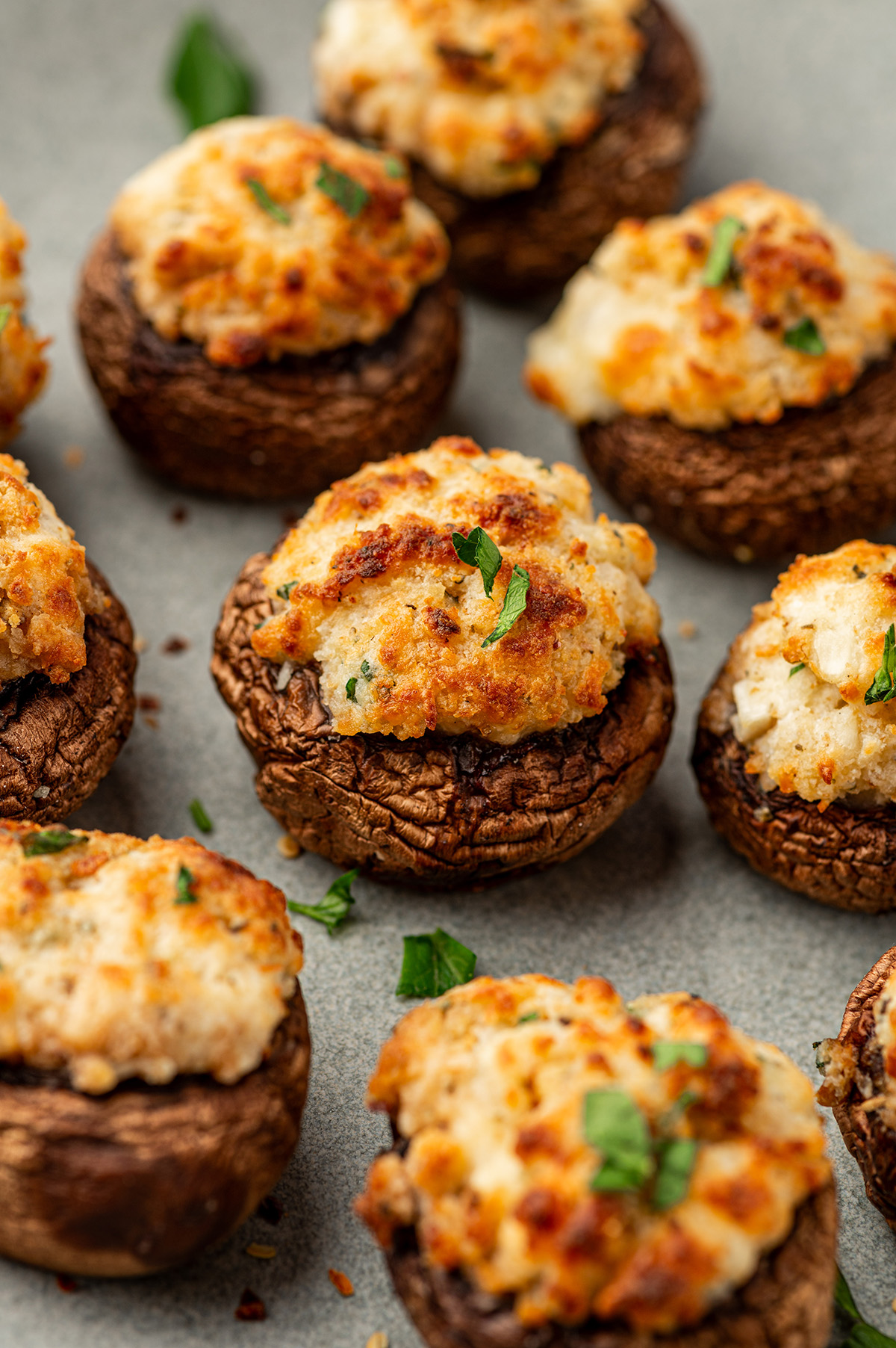 Air fryer stuffed mushrooms with herbs and golden breadcrumbs.