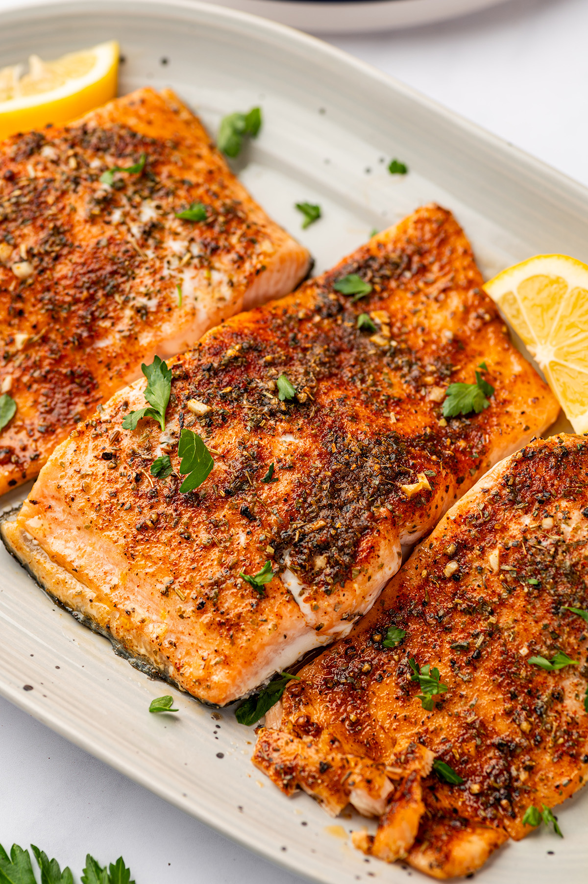 Close-up of garlic butter salmon recipe.