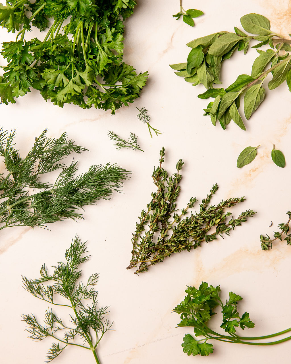 Various fresh herbs on a cream colored marble surface.
