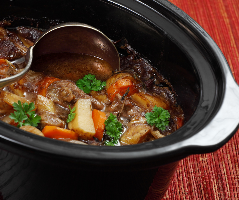 Close-up image of vegetable stew in a slow cooker.