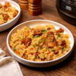 Cajun chicken and rice in a white bowl on a wooden table.
