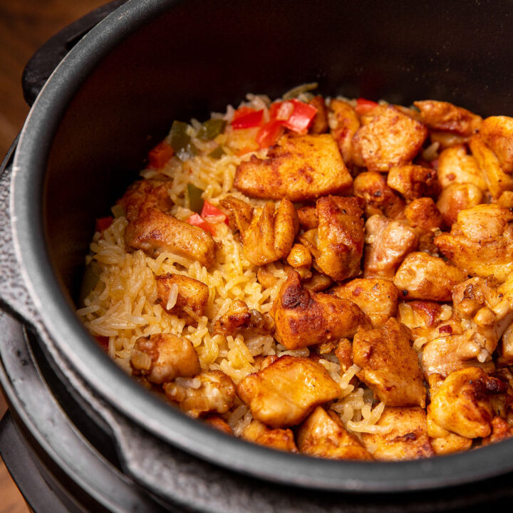 Cajun chicken and rice in an Instant Pot ready to eat.