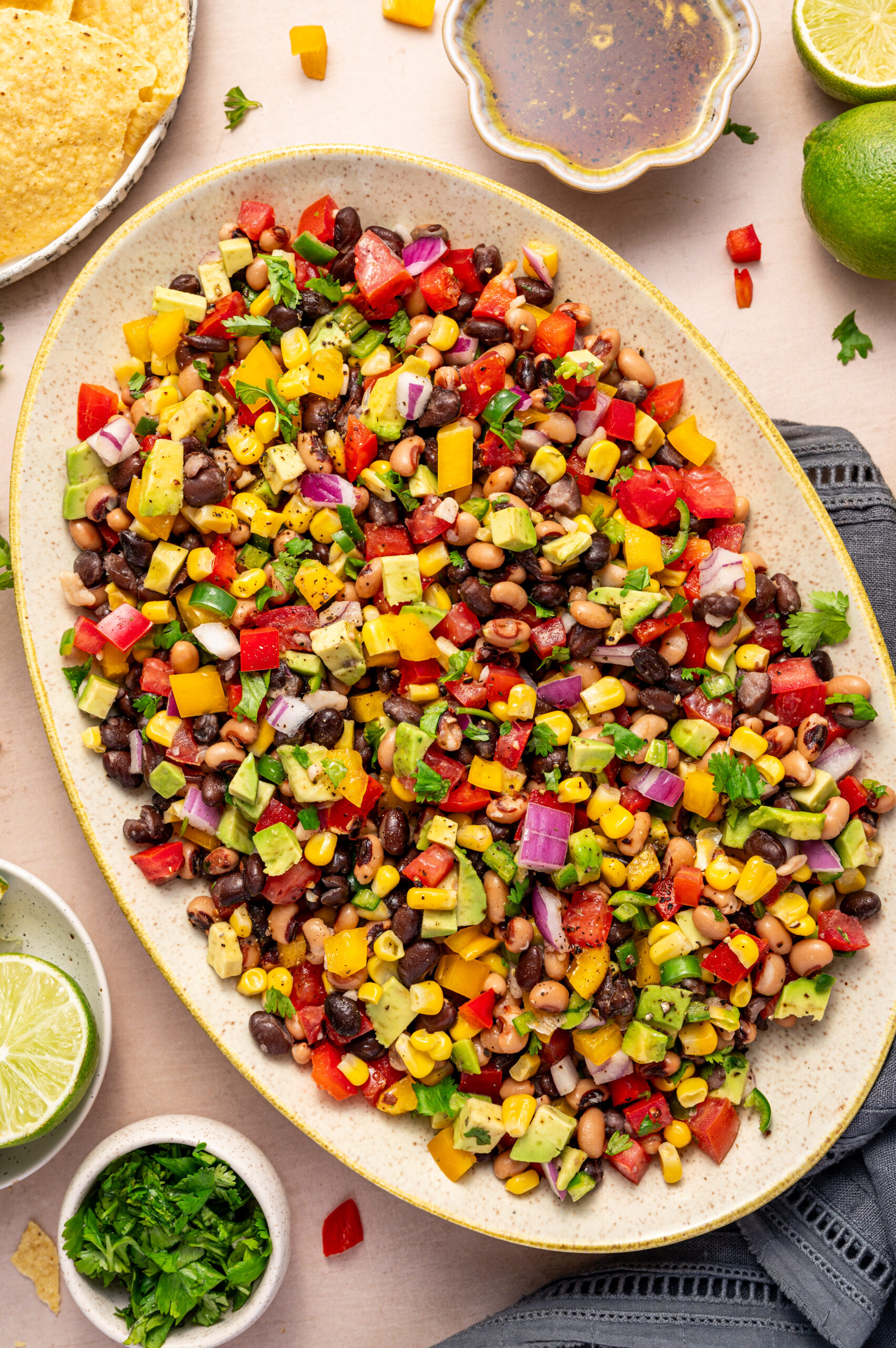 A large serving dish of cowboy caviar.